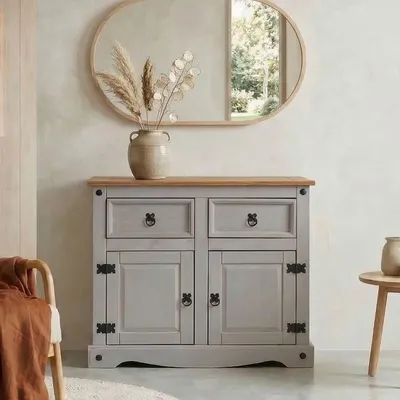 Produktbild von Mexico Kommode RAMON im Landhausstil Kommode aus Kiefer massiv mit 2 Schubladen und 2 Türen, grau/braun