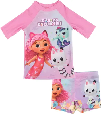 Produktbild von Gabby's Dollhouse Schwimmset UV-Schutz 30 für Mädchen - Kinder Badeanzug Badeset Shirt und Hose Zweiteiler Rosa 110-116