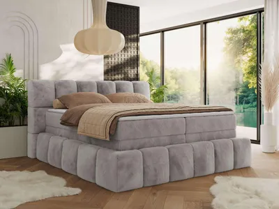 Produktbild von MKS MEBLE Boxspringbett 140 x 200 mit bettkasten NIRA KING, Polsterbett 7 Zonen Multipocket-Matratze und Topper, Doppelbett - Hellgrau Plüsch - H4