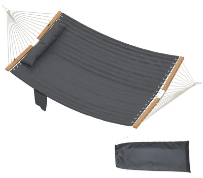 Zdjęcie produktu dla Hamak ogrodowy 200 x 140 cm dla 2 osób, dwuwarstwowy pikowany, z zagłówkiem i kieszenią na czasopisma, stabilne, nieprzechylające się drążki z drewna bukowego, nośność 200 kg