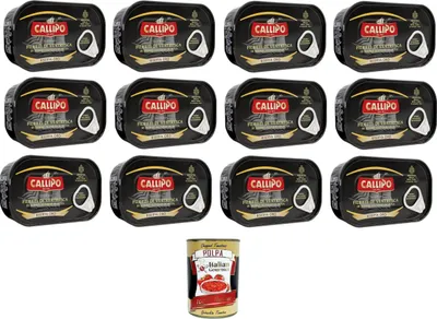 Produktbild von Callipo Filetti di Ventresca di Tonno all'olio di oliva Thunfischbauchfilets in Olivenöl 12x125gr + Italian Gourmet polpa 400g