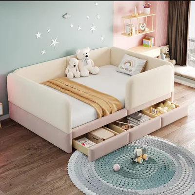 Zdjęcie produktu dla Łóżeczko dziecięce z barierką ochronną, rozkładana sofa 140x200 cm z 3 szufladami, łóżko tapicerowane dwuosobowe z oparciem, obite welurem, kolor różowy