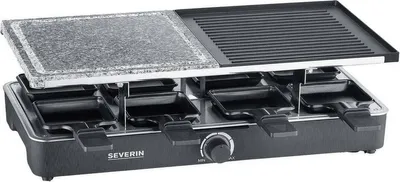 A Severin raclette grill with a stone and a grill plate.