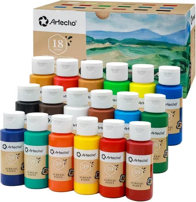 Imagen del producto de Pintura acrílica, 18 colores, 59 ml (2 oz) - Set de pintura acrílica para adultos - No tóxica - Kit de pintura resistente al agua para lienzo, manualidades, vidrio, modelismo y arcilla