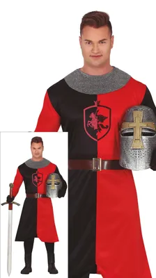 Imagen del producto de Traje medieval de caballero: túnica, casco, espada y escudo. Ideal para el carnaval o fiestas temáticas. Talla: 52 - 54 (L). Color: