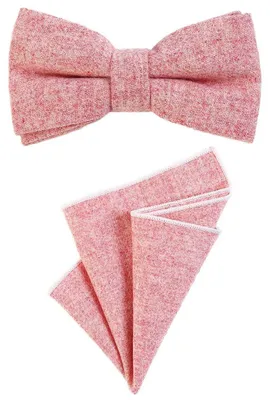 Produktbild von DonDon Herren Fliege 12 x 6 cm gebunden längenverstellbar und Einstecktuch 23 x 23 cm farblich passend aus Baumwolle rosa
