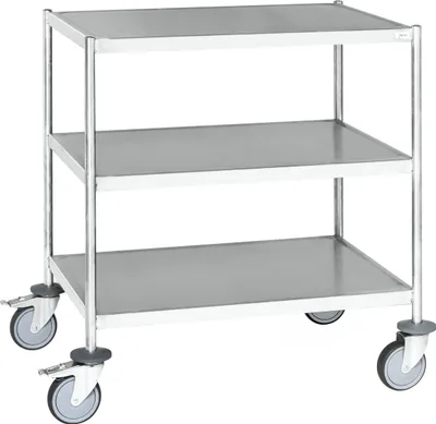 Produktbild von Kongamek Edelstahl- Etagenwagen vollständig geschweißt, 3 Ladeflächen 625x415mm Gummibereifung rostfrei mit Bremse