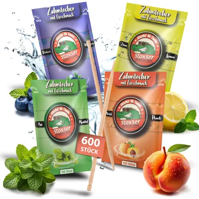 Produktbild von Stoxser 600x Zahnstocher mit Geschmack 4er Pack Pfirsich und Blaubeere und Zitrone / Lemon und Mint / Menthol Geschmacksrevolution Zahnstocher