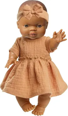 Image de Poupée pour bébé fille avec une petite robe marron - 34 cm