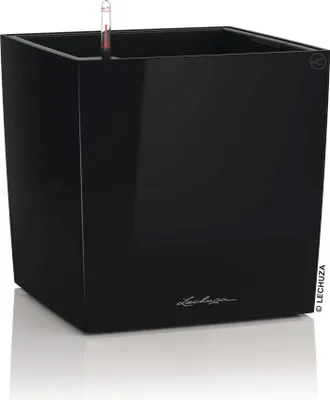 A black, high-gloss planter with a water level indicator.