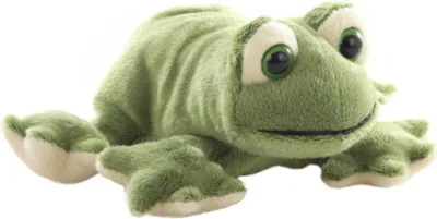 A plush toy frog is shown against a white background.