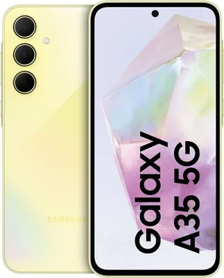 A yellow Samsung Galaxy A35 5G smartphone is shown from the front and back.