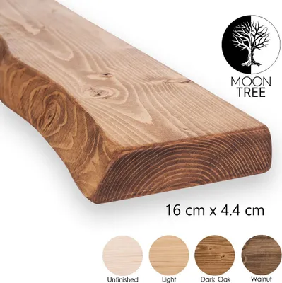 A close-up of a wooden shelf with a natural edge, showing wood grain and texture. The image also includes a logo and color swatches.