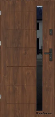 Immagine prodotto di Porta esterna, porta in acciaio, Kopenhaga con vetro nero spessore 70 mm, dimensione 90 L, anta sinistra, noce