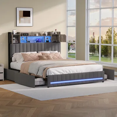 Zdjęcie produktu dla Szara podwójna rama łóżka 160x200 cm, podstawa z listew, tapicerowana z zagłówkiem ze schowkiem, 4 wbudowanymi szufladami i łatwym montażem