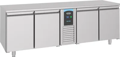 Image de Comptoir réfrigéré monobloc en acier inoxydable - 4 portes, 632 litres, avec refroidissement par air pulsé