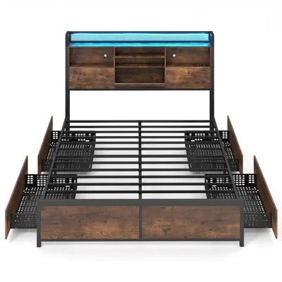 Zdjęcie produktu dla COSTWAY Rama łóżka 200 x 160 cm, łóżko z diodami LED, stacją ładującą, szufladami i zagłówkiem, metalowe łóżko w stylu industrialnym, łóżko podwójne bez materaca, rustykalne brązowe