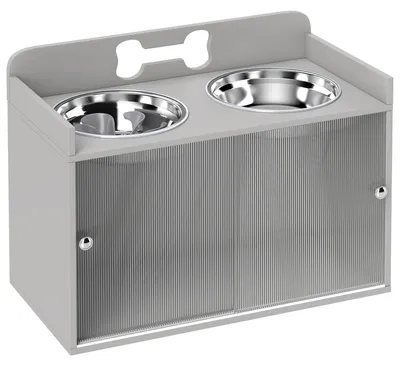 Produktbild von Erhöhte Futterstation mit 2 Näpfen und Schrank, MDF, Edelstahl, Knochenmuster, Grau