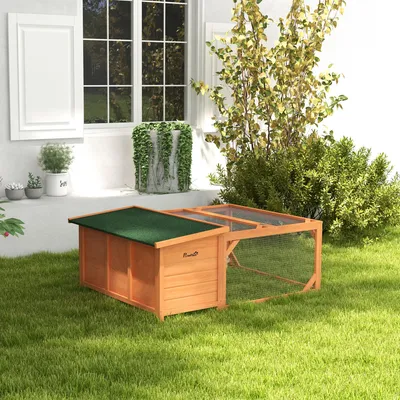 Produktbild von SUGIFT Kaninchenstall mit Freigehege, Kleintierstall wetterfest, Hasenstall Tannenholz, Orange | 125,5 x 100 x 49 cm | 13,5 kg | Asphaltdach