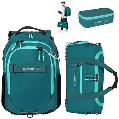 Produktbild von Schulrucksack 3 Teile Set Elephant Hero Signature Schulmappe Schultasche Jungen Mädchen Laptopfach Rucksack Sporttasche Box 13805 Solid Petrol +rsm