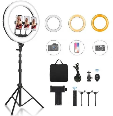 Immagine prodotto di Ibenzoa® Anello luminoso LED da 18 pollici con treppiede in alluminio, telecomando, 3 supporti per smartphone, temperatura di colore regolabile da 3200 a 6000K, ideale per video, streaming e fotografia