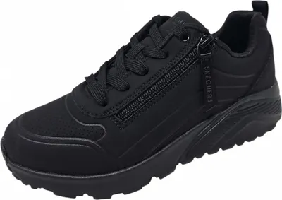 A black Skechers sneaker with a zipper on a white background.