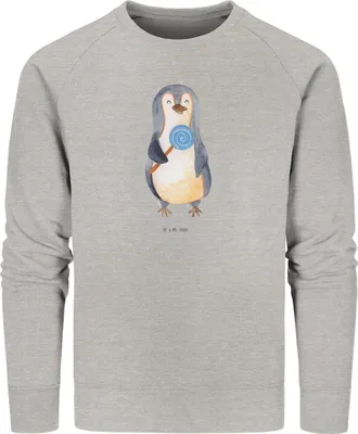 Produktbild von Mr. & Mrs. Panda Baumwoll Sweatshirt Pinguin Lolli Größe L - Heather Grey - Geschenk, Süßigkeiten, Pullover, Pulli, Bio, Heißhunger, Naschen, Pinguine, Sweater, Spruch