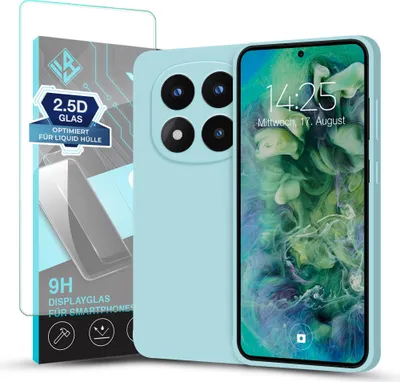 Produktbild von Hülle für Xiaomi Redmi Note 14 Pro+ 5G mit 9H Displayglas Displayschutz Plus Case Cover Bumper Silikon Softgrip Schutzhülle Farbe: Hellblau