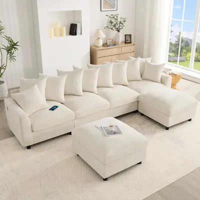 Produktbild von MODFU Modulares Ecksofa U-Form, 6-Sitzer Wohnlandschaft Relaxsofa mit USB/Type-C-Anschluss, Chenille-Bezug und Taschenfederkern,Beige, 283×153,5×78,5 cm
