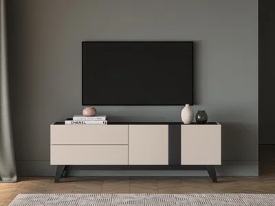 Produktbild von TV-Lowboard – TV-Board – TV-Schrank – Fernsehtisch – FRESHION 05 – Kaschmir / Schwarz – 160 cm – Moderne Fernsehkommode mit Schubladen und Türen