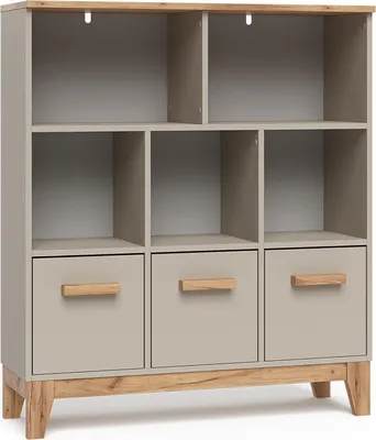 A product shot of a multi-compartment shelf unit with drawers.