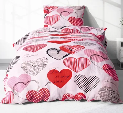 Produktbild von 2-teilige Seersucker Bettwäsche 135x200cm und 80x80cm - Love Liebe Herzen in weiß und rot - Bettgarnitur aus 100% Baumwolle, bügelfrei (621/1)