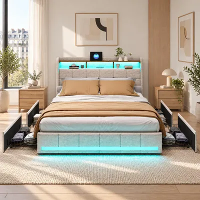 Immagine prodotto di Letto imbottito 160x200 cm, letto matrimoniale, struttura letto con 4 cassetti, testiera con spazio contenitore, illuminazione LED, 2 porte USB, completo di rete a doghe, senza materasso, rivestito in lino color beige