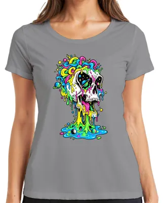 Produktbild von Psychedelischer Totenkopf Bunt Schmelzend Space Galaxie Skull Drip Damen T-Shirt, Grau, 3XL