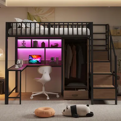 Image de Lit superposé Flieks 140 x 200 cm avec armoire, lit enfant double avec escalier en cuir et espace de rangement, lit mezzanine avec bureau et fonction de rangement, noir