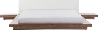 A minimalist bed with two attached nightstands and a white headboard, set against a white background.