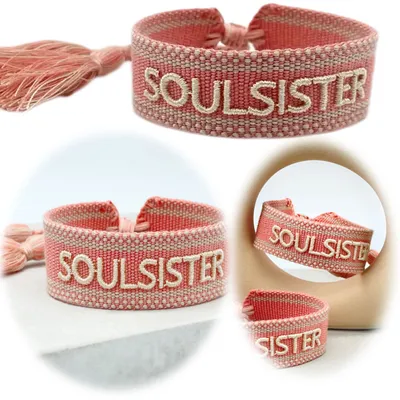 Produktbild von LS-LebenStil Canvas Statement Armband Soulsister Rosa Weiß besticktes Stoffarmband gewebt textiles Quasten Spruch Boho Geschenk Freundschaftsarmband