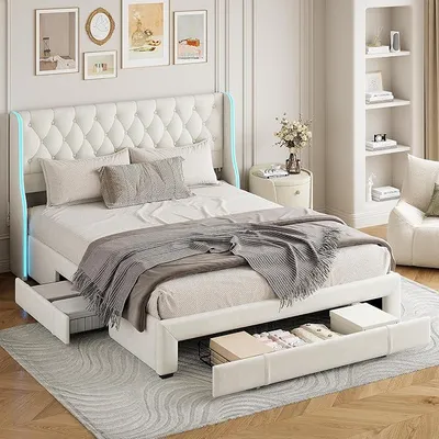 Obrázok produktu pre Postel s čalúneným čelom, 160x200 cm, s LED osvetlením, postel s úložným priestorom a 3 zásuvkami, dvojposteľ s úložným priestorom a roštom, posteľ pre mládež, funkčná posteľ, rám postele, farba: béžová (160x200 cm)