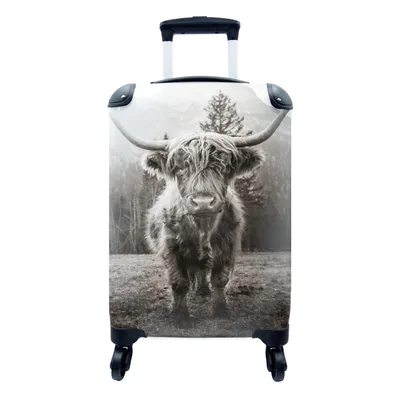 Produktbild von MuchoWow® Koffer Handgepäck Trolley Rollkoffer Kleine Reisekoffer mit 4 Rollen - Schottischer Highlander - Tiere - Schwarz - Weiß - Cabin Size < 55x40x23 cm & 55x40x20 cm - Fotokoffer - Kabinenkoffer - Boardgepäck - Reise-Box - Reisekoffer - Reisegepäck - Koffer mit Bild - Trolley für Kinder