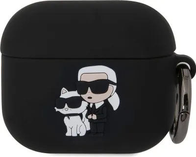 A black AirPods case with a 3D cartoon design of Karl Lagerfeld and his cat.