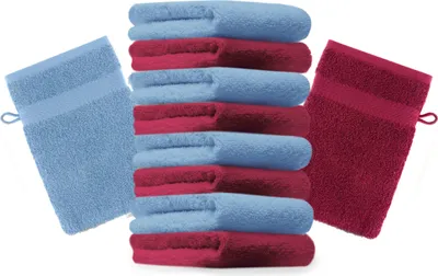 Produktbild von Betz 10 Stück Waschhandschuhe 16x21 cm PREMIUM 100% Baumwolle  Farbe: dunkelrot und hellblau