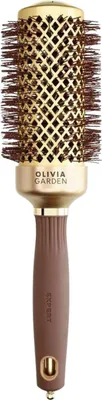 A professional studio shot of a round hairbrush.