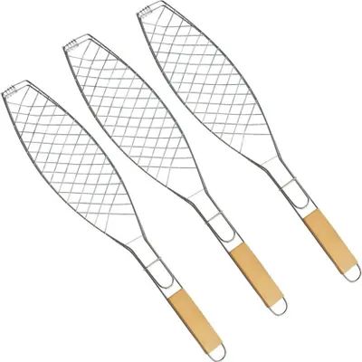 Produktbild von 3er Set Fischbräter | 36 x 15 cm  Fischgriller mit Holzgriff | Fischkorb für Grill | Fischhalter mit Klammer | Fisch-Grillzange für Gemüse, Garnelen | faltbare Fischzange | Grillzubehör - Fischgrill