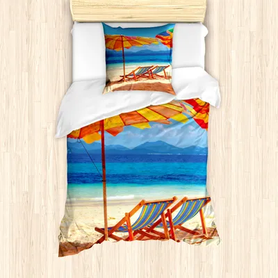 Produktbild von ABAKUHAUS Strand Mantele, Sea of Thailand Strand, Milbensicher Allergiker geeignet mit Kissenbezügen, 135 cm x 200 cm - 80 x 80 cm, Orange Blue