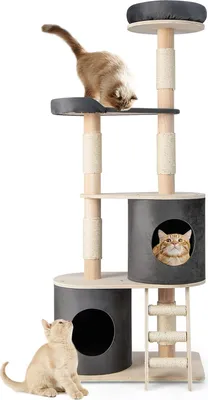 Produktbild von COSTWAY Kratzbaum Holz mehrstöckig, 161cm Katzenbaum Groß, Katzenkratzbaum mit 2 Höhlen & Plüschsitzstange & Plattform, Aktivitätsbaum Katzenmöbel, Katzen Spielhaus, Kletterbaum Grau