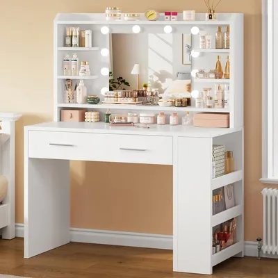 Image de Table de maquillage avec miroir et éclairage LED, 3 modes d'éclairage, blanche, avec tiroirs et étagères latérales