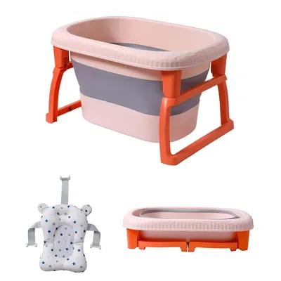 Image de KIKIDO Baby Baignoire Baignoire pliante avec coussin de bain et écoulement pour nouveau-nés & jeunes enfants (0-6 ans) 3 en 1 Baby Bathtub Baignoire pour bébé Insert Orange