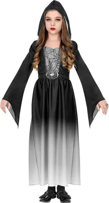 A young girl wearing a gothic-style dress with a hood.