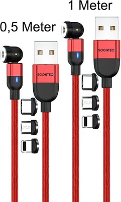 Produktbild von Magnet Ladekabel 2er Set (0,5 Meter+1 Meter) SOONTEC Magnetladekabel drehbar 360°&180° mit je 3 Stecker Micro USB/ USB-C/ Lightning 2,4 A Ladekabel (Rot)