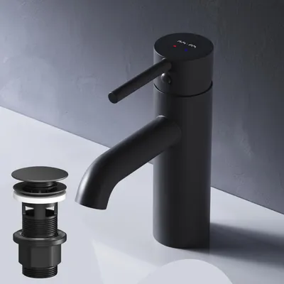 Productafbeelding van AM.PM Badarmatuur met pop-up afvoer voor wastafel, zwart. Wastafelkraan met afvoerset, 1 1/4 inch, messing. Ventilafvoer